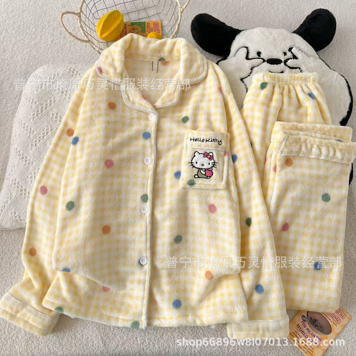Franela otoño y invierno nueva linda niña caliente y gruesa dulce kitty gato suelto conjunto de pijamas se puede usar fuera