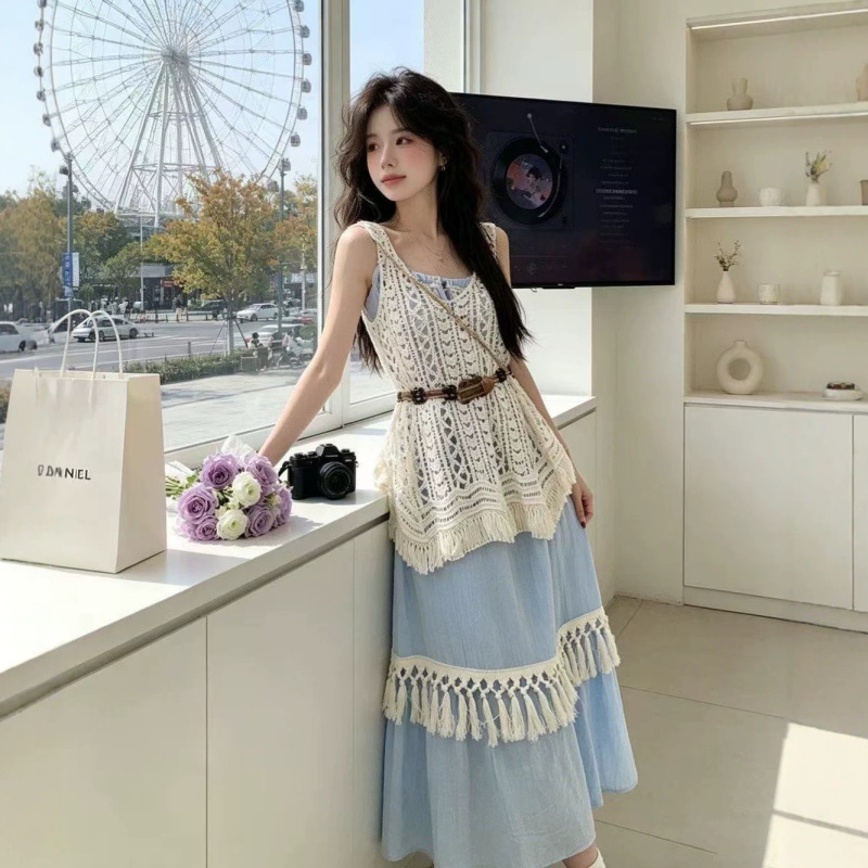 Bohemian Sweet Blue Suspender Long Dress with Super Fairy-Like Retro Tassel Design for Travel and Vacation Wear for Women