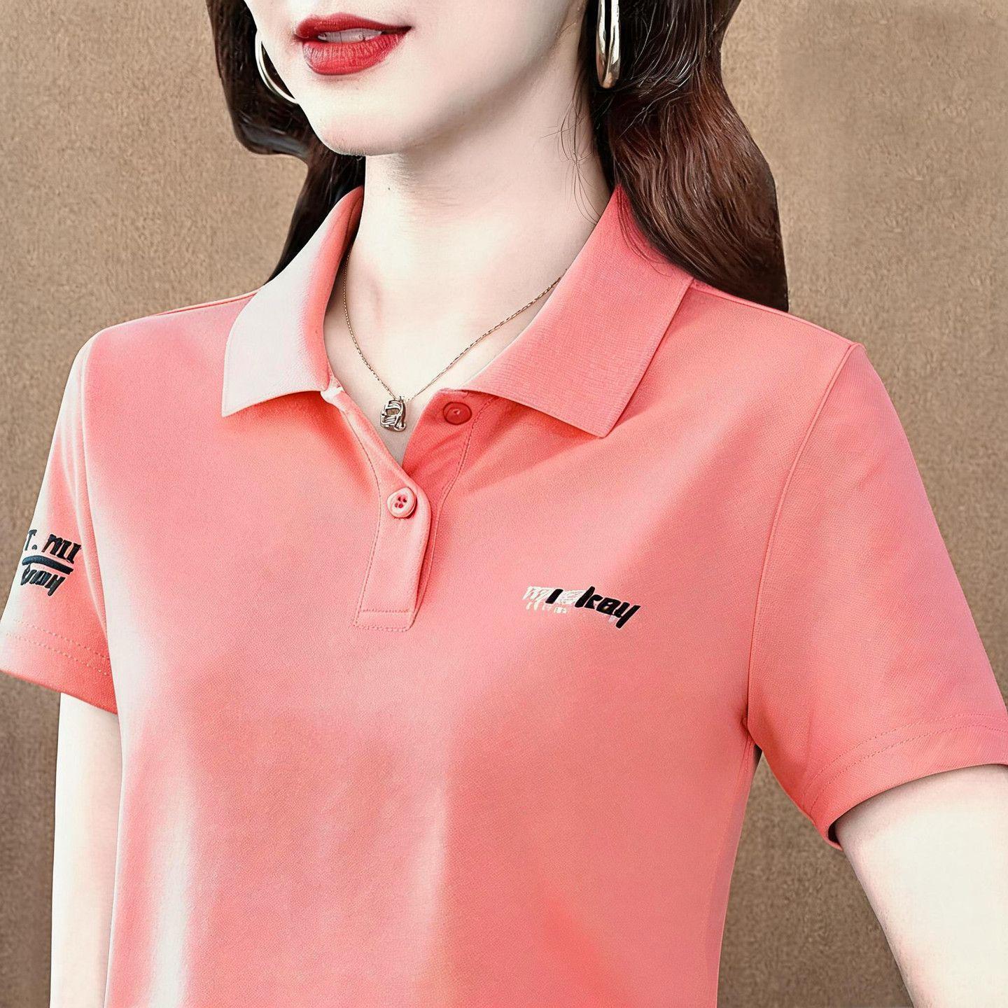 Women's Simple Casual Polo T-Shirt for Moms, New Summer Style, Slimming, Fashionable Lapel, Age-Reducing Short Sleeve