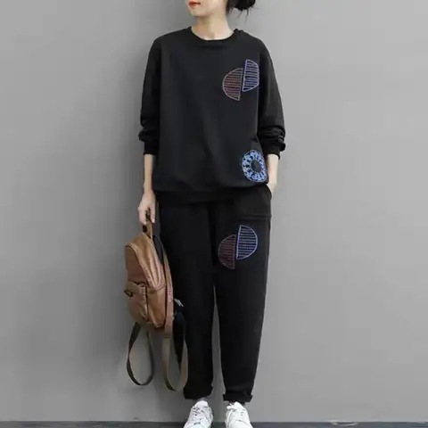 跨境加大码卫衣套装女2025秋冬新款宽松印花休闲气质运动两件套潮