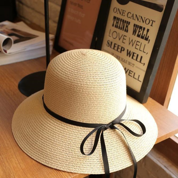 Women's Straw Hat Spring Summer Outdoor Sunshade Breathable Beach Cap With Black Ribbon Bow Casual Streetwear_voghion.com