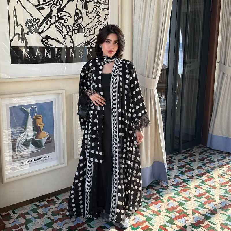 Mq273 Modest Fashion Chiffon Printed Polka Dot Sleeves with Lace Trim Cross-Border Jacket with Headscarf Mq273 Modest Fashion Chiffon Printed Polka Dot Sleeves with Lace Trim Cross-Border Jacket with Headscarf