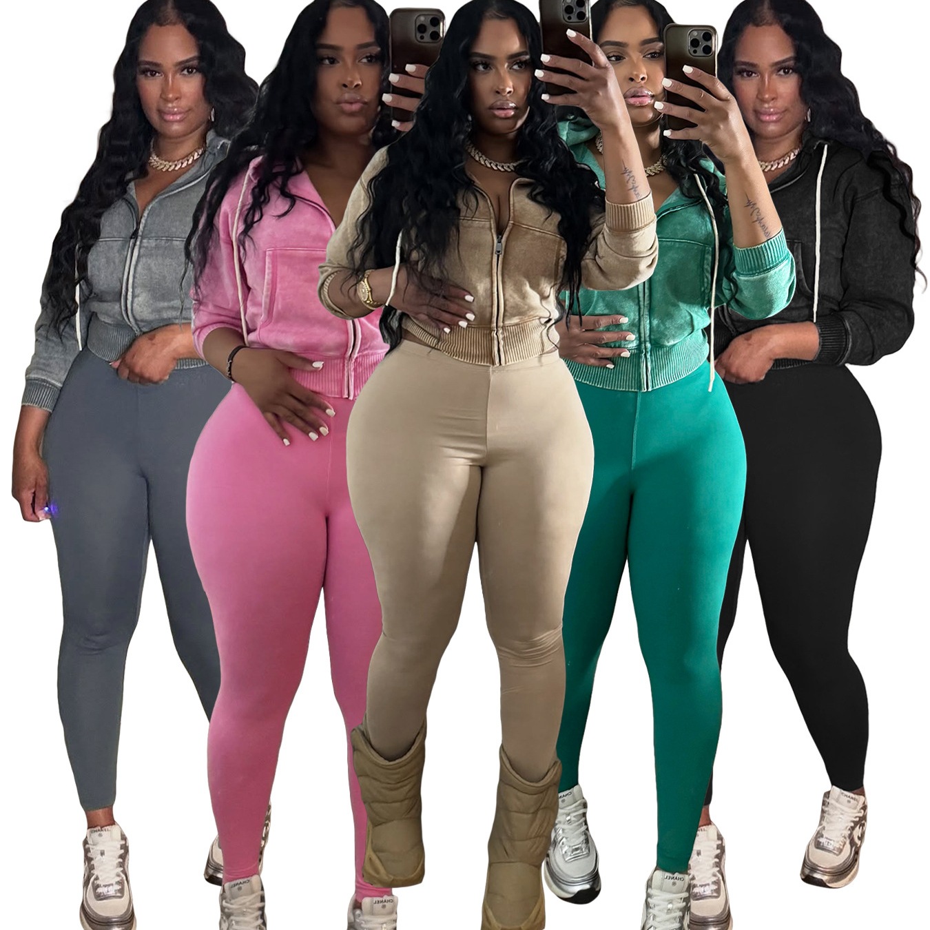 Hr25089 European and American Fashion Women's Washed Zipper Hooded Velvet Top Yoga Pants Sports and Leisure Two-Piece Set