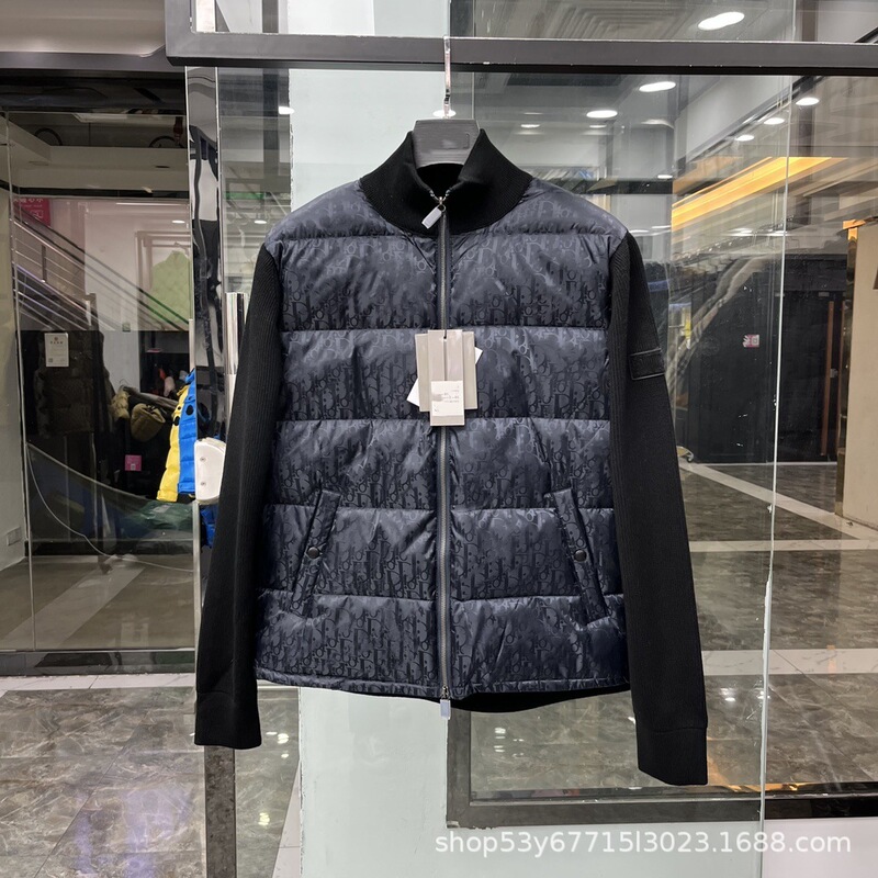 High Version D Family Oblique Printed Full-Print Stand-Up Collar Knitted Splicing down Jacket Men's and Women's Same Style Sweater Jacket