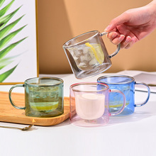 批发新款高硼硅玻璃杯双层餐厅家用带把手彩色咖啡杯隔热玻璃水杯