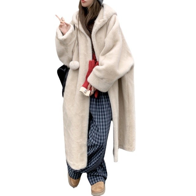 가을과 겨울 두건이 두꺼운 마녀 긴 코트 밍크 봉제 모조 모피 코트 환경 보호 올매치