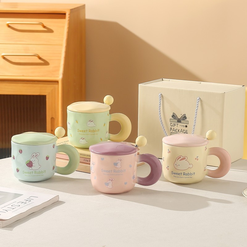 陶瓷杯造型白兔马克杯带盖勺陶瓷杯子咖啡杯办公杯礼盒装
