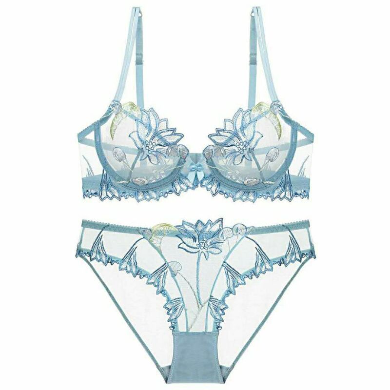 {Bra + Panties} Ultra-Thin Embroidered Lace Fully Transparent Large Size Women's Push-Up Sexy Underwear Women's Sponge-Free Bra