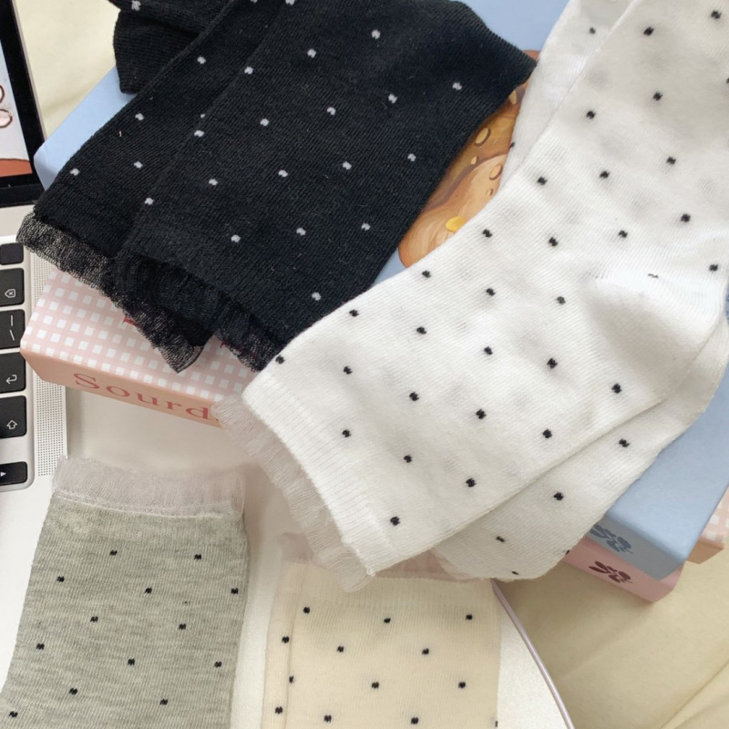 春夏款ins韩系中筒袜子miu系波点少女风堆堆袜子芭蕾花边中筒袜女|undefined