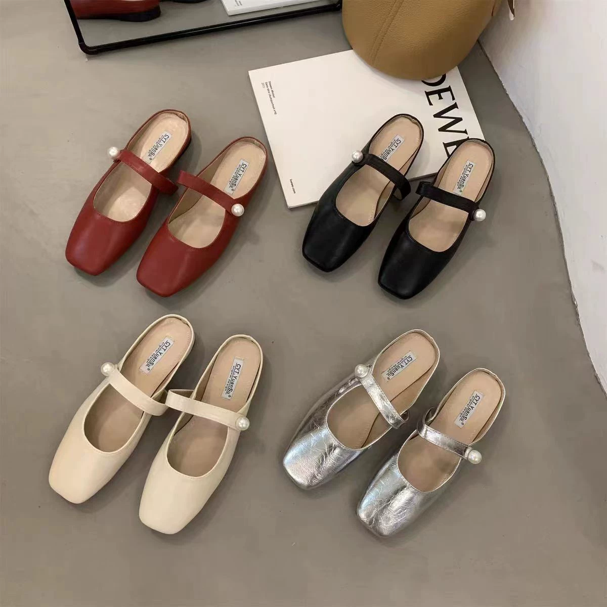 Pearl Baotou Half slippers Women wearing fairy wind 2024 Summer Mueller shoes flat bottom Maryzhen Baotou slippers women
