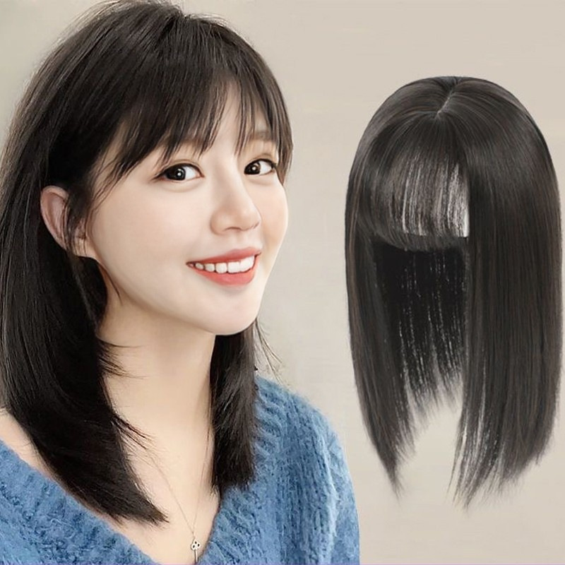 French-Style Air Bangs Wig for Women in Summer to Cover Sparse White Hair, Seamless Invisible Synthetic Hairpiece