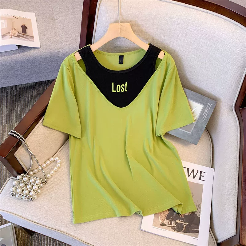 Женская футболка больших размеров, искусственная футболка из двух частей с короткими рукавами, женская летняя футболка с пухленькими девушками, приталенный свободный дизайн, контрастный цветной топ с буквами