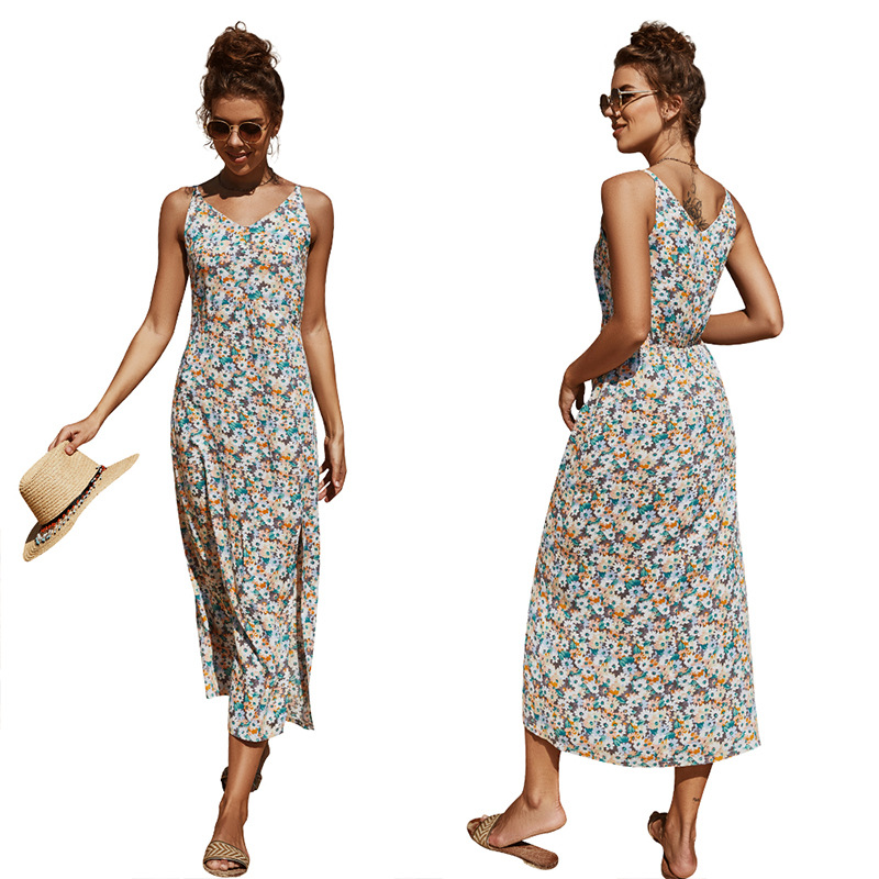 irregular split sling floral dress NSLM35133