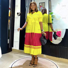 非洲大码女装连衣裙长裙轻奢高级感三宅褶皱撞色拼接假两件连衣裙