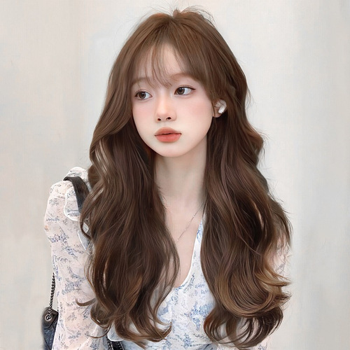 Cheng Ming wig for women with cold brown long curly hair, big waves, breathable summer fashion, air bangs, full headgear style