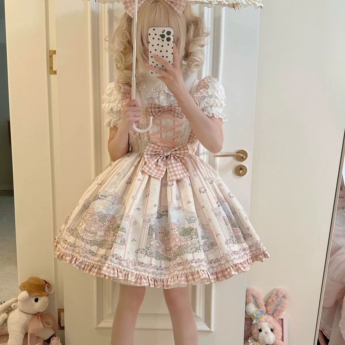 Платье Lolita JSK, кремовое, милый кукольный стиль, банты и мишьи ушки (S–L)