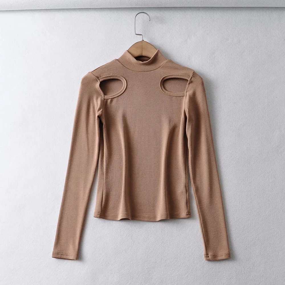 sexy hollow semi-high collar long-sleeved T-shirt NSHS32652