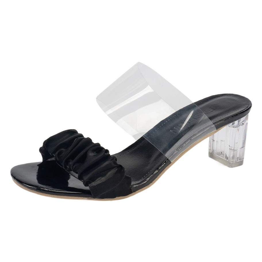 2023 Новые плиссированные сандалии в Корейском стиле на прозрачном массивном каблуке с квадратным носком в сказочном стиле для летних тапочек на высоком каблуке для женщин