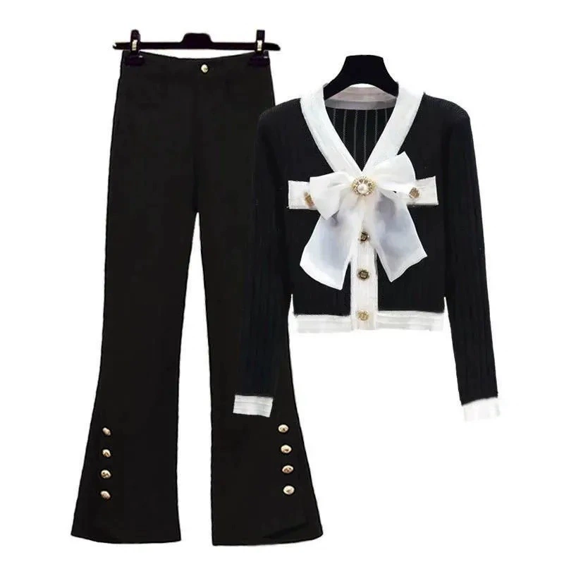 Autumn set, knitted sweater with bow, plus size, Chanel style