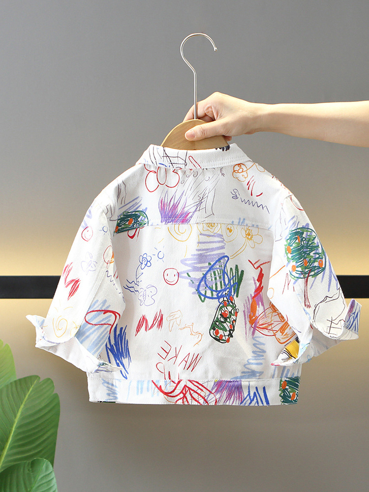 5867 Chaqueta de otoño para niños 2024 Chaqueta de mezclilla de graffiti de celebridades de Internet para niños Primavera y otoño Moda Fried Street image 3
