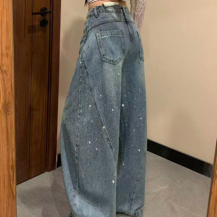 Slim-Fit Drapey Pear-Shaped Tummy-Control High-Street Versatile Floor-Length Curved Hem Pants New Style Hot Girl Rhinestone Shiny Jeans