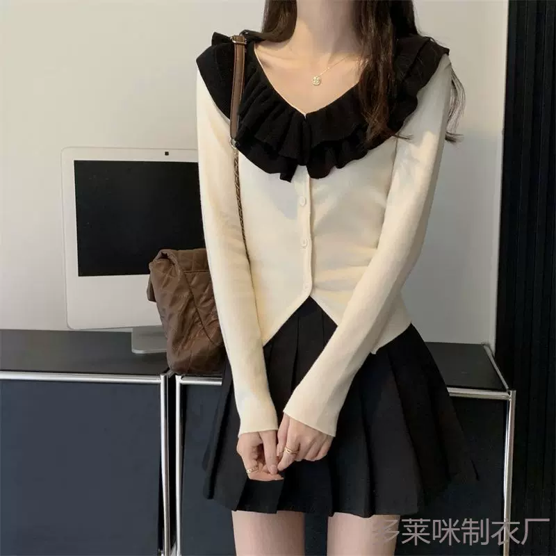 轻奢名媛风秋季荷叶边V领新年红色针织开衫女修身气质毛衣外套