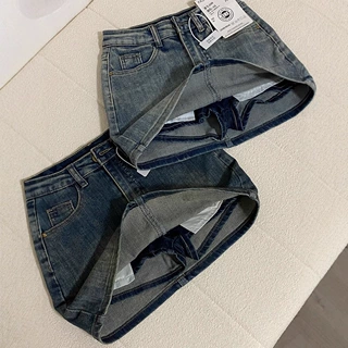 大码复古牛仔半身裙夏季新款美式辣妹高腰防走光显瘦A字包臀短裙