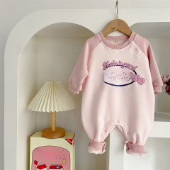 2023秋冬加絨女寶寶粉色美式字母連體衣 潮款保暖A棉外出服哈衣
