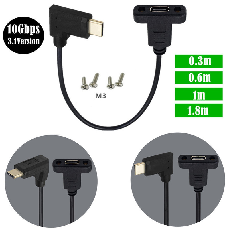 USB 3.1 Type-C male-to-female extension cord with panel mounting screw hole 10Gbps gold-plated 90 degree elbow USB 3.1 Type-C male-to-female extension cord with panel mounting screw hole 10Gbps gold-plated 90 degree elbow