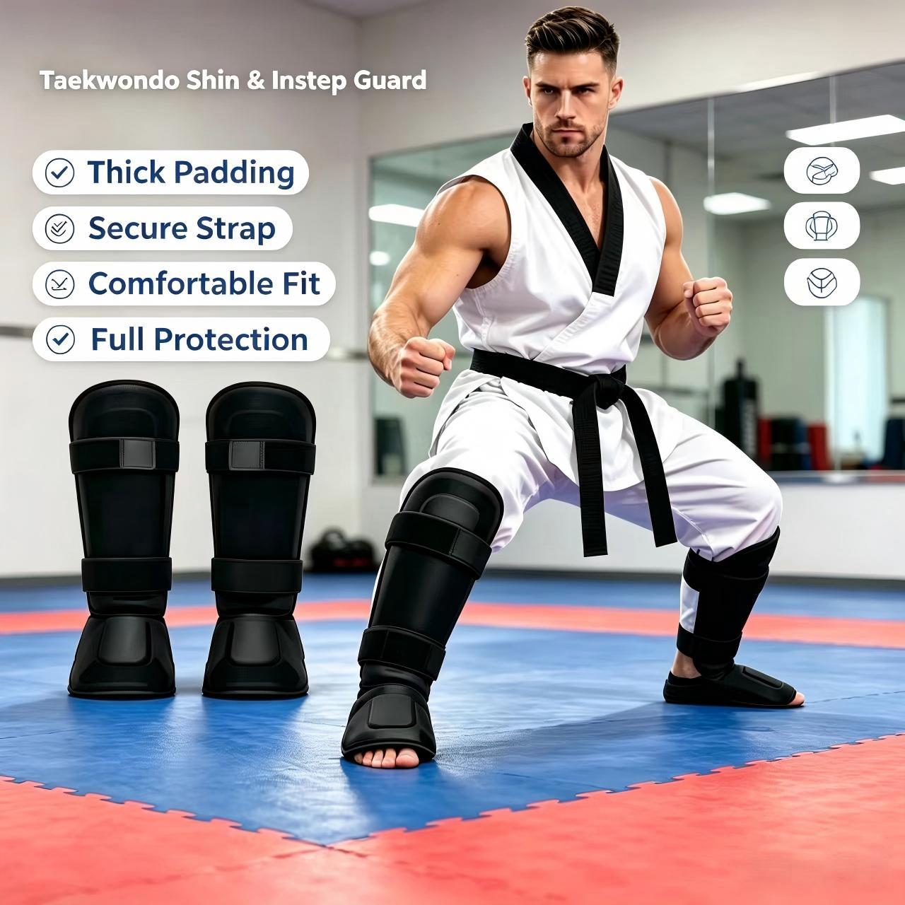 Cross-border Taekwondo shin guards with foot protection, boxing and Sanda thickened EVA adult training protective gear, shin guards, and leg wraps