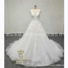 优雅白色蕾丝花朵婚纱无袖A摆V领象牙白网纱婚纱新娘结婚礼服
