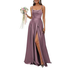 亚马逊外贸新款女士露肩缎面开衩长款美人鱼正式伴娘礼服