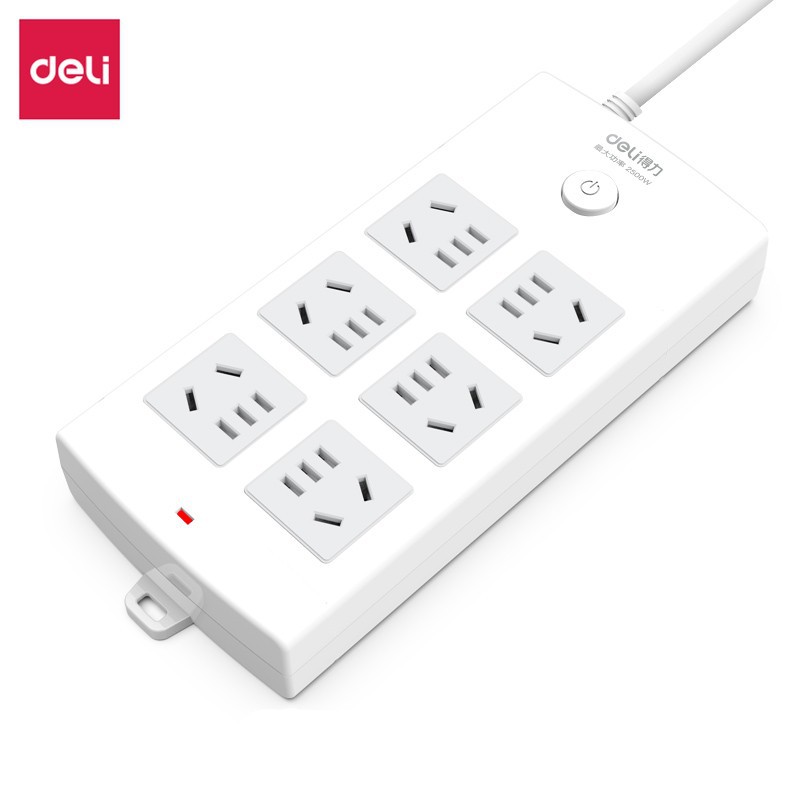 得力18206插座_6组_5米_PVC袋装(白)(只)阻燃ABS材质