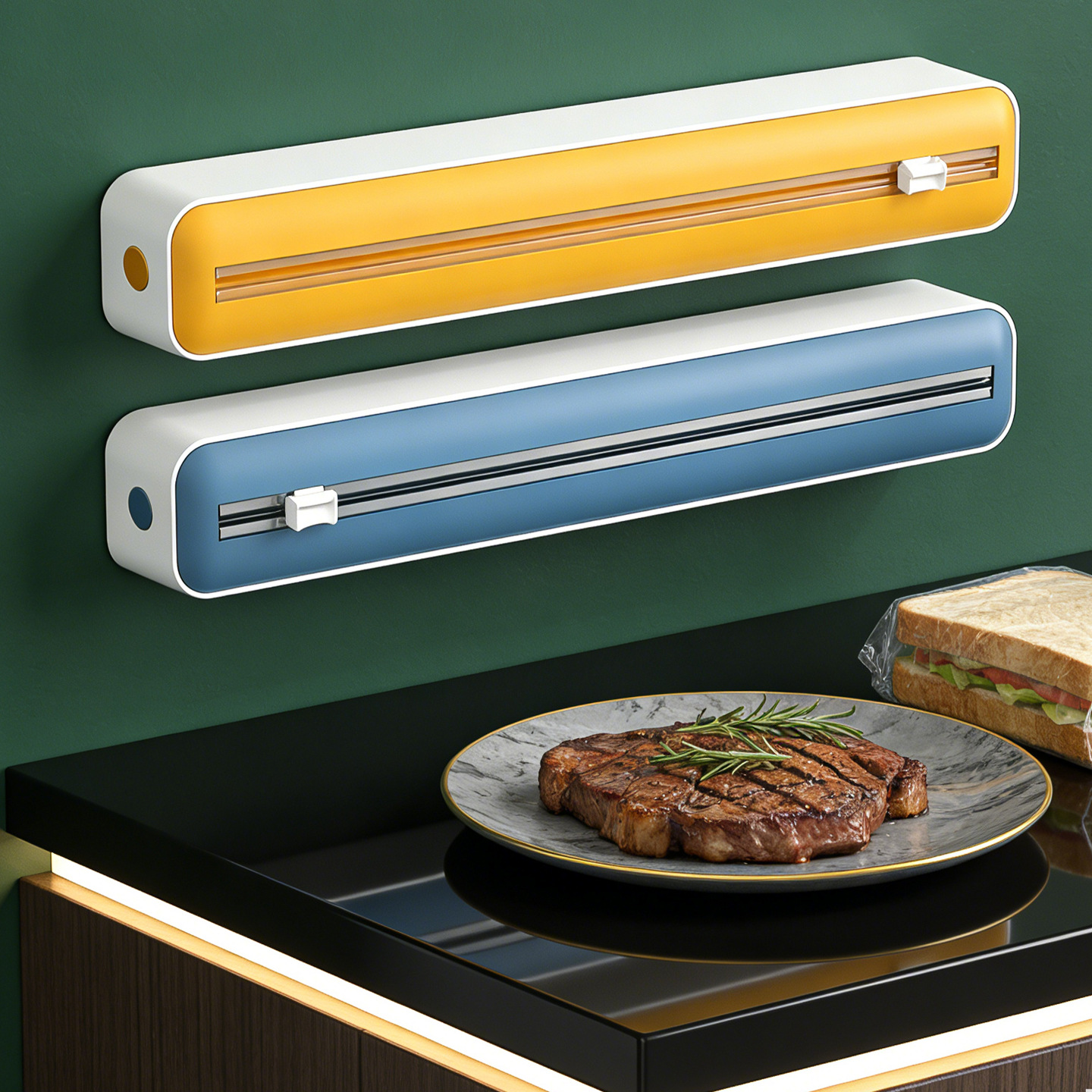 Multifunctional integrated cling film cutter for home use, suitable for baking paper and tin foil, with magnetic absorption storage box and cutting knife