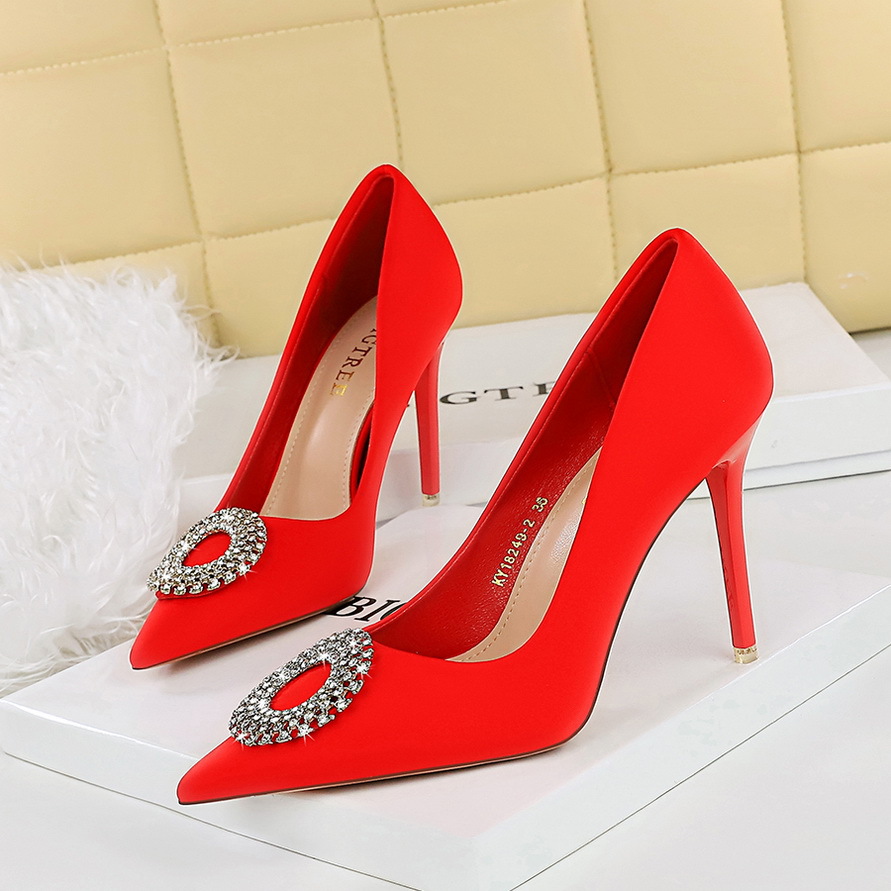 Satin Rhinestone Stiletto Pumps Pointed Toe Party High Heels_voghion.com