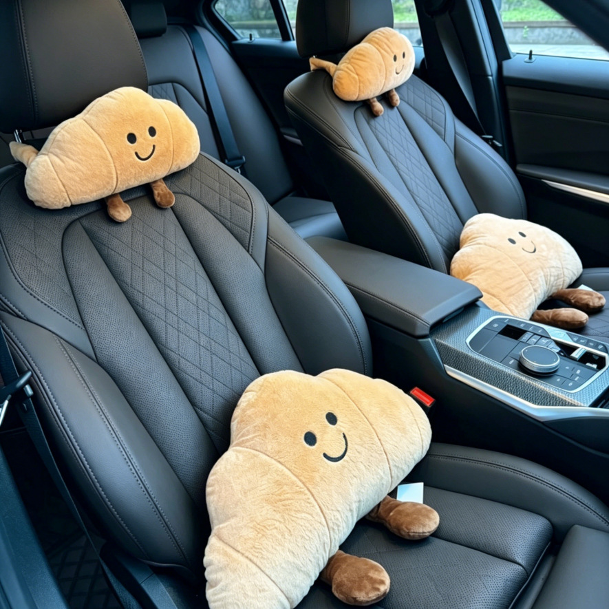 Fun and Cute Croissant Car Headrest Pillow Plush Car Doll Doll Creative Cartoon Headrest Pillow