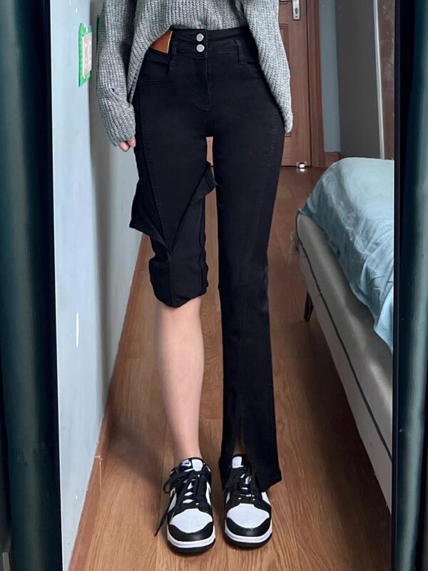 Plus-size American-style black split denim jeans for women, with a unique design, high-waisted, slimming, straight-leg pants, trendy on Instagram Plus-size American-style black split denim jeans for women, with a unique design, high-waisted, slimming, straight-leg pants, trendy on Instagram