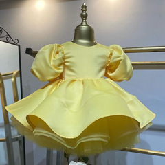 Princess dress泡泡袖公主裙女童大蝴蝶結黃色歐美蓬蓬裙跨境專供