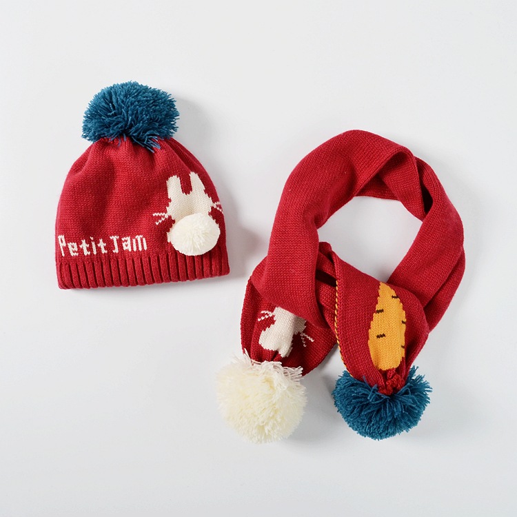 moinmlon韩版冬宝宝针织帽子围巾二件套婴儿可爱保暖防风帽子套装