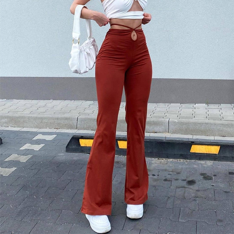 Red High Waist Elastic Lace-Up Micro Flared Pants NSKFE93262