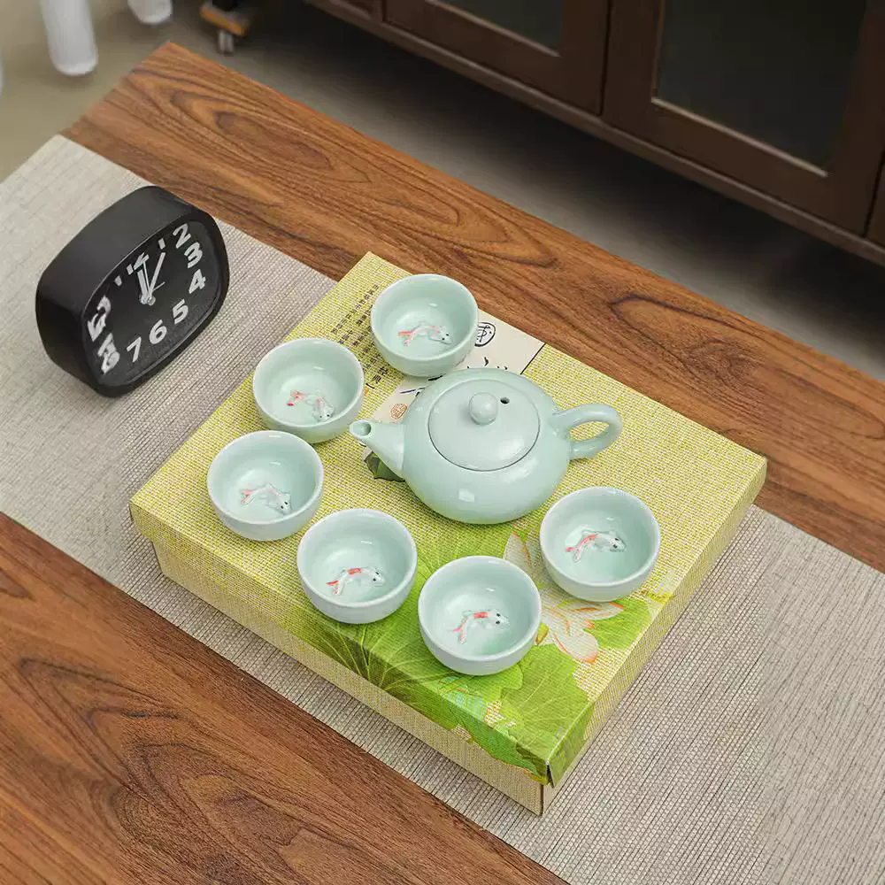 厂家直销青瓷鲤鱼户外旅行功夫茶具套装家用简约商务活动伴手礼