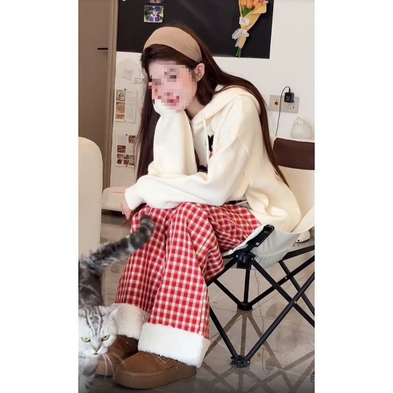 高腰休闲裤女2025新款红色格子春秋冬宽松加绒加厚保暖百搭长裤潮