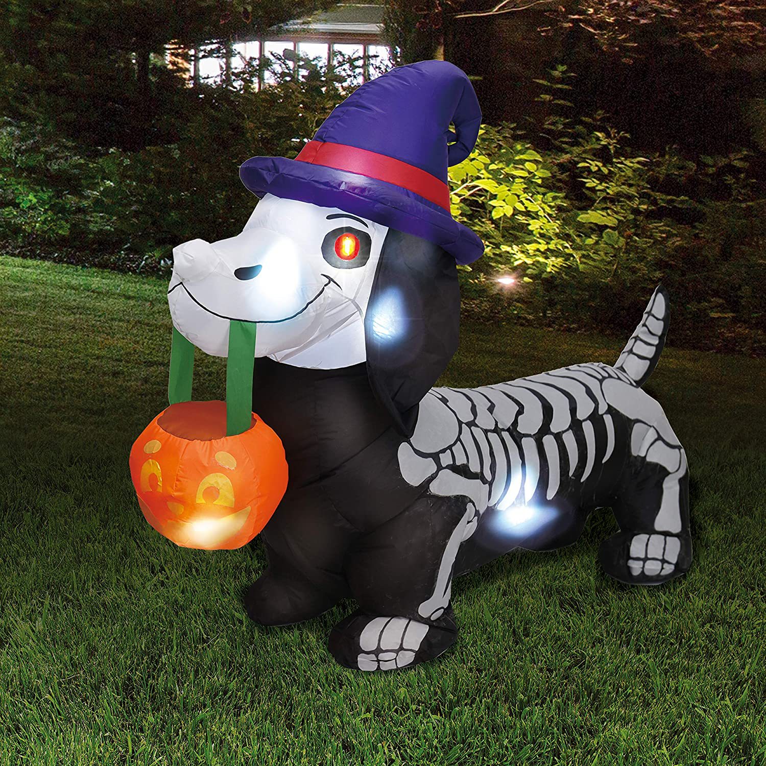 1,5 m de alto esqueleto de Halloween perro Wiener incorporado luz LED inflable modelo Halloween patio escena decoraciones