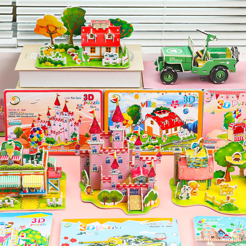 Children's educational cartoon 3D three-dimensional puzzle DIY handmade house car model early education assembly puzzle wholesale