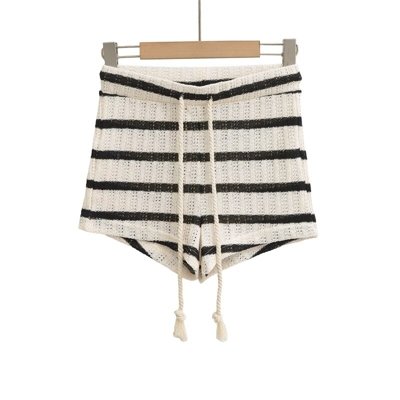 4155-25 New Summer Style European and American Style Drawstring Elastic Slim Sexy Hot Pants Sexy Black and White Stripesd Hemp Shorts