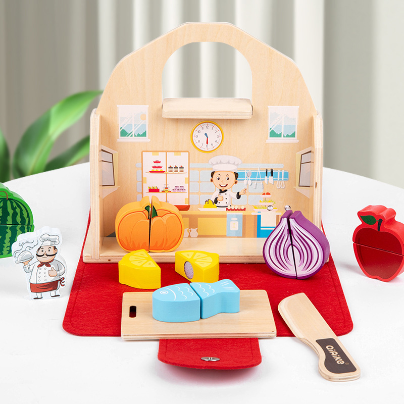 Cocina de simulación transfronteriza para niños, casa de juegos, bolso portátil, fruta cognitiva, juguete de madera image 3