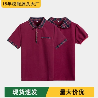 夏季中小学生园服校服短袖儿童枣红色英伦T恤男女童polo半袖代发