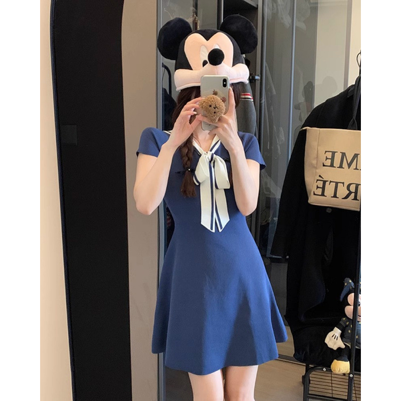 Stylish Slim-Fit Navy Collar Knit Dress for Women, Summer Waist-Cinching Blue A-Line Dress, Age-Reducing Short Dress