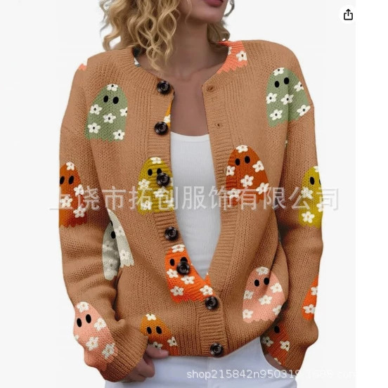 Women's Halloween Sweater Casual Knit Cardigan Pullover Cute Pumpkin Pattern Autumn Button-Down Knit Cardigan
