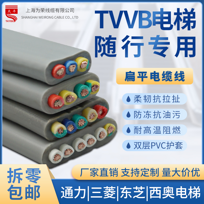 TVVB电梯随行扁平电缆线3~60芯国标纯铜行车电动伸缩门软扁线